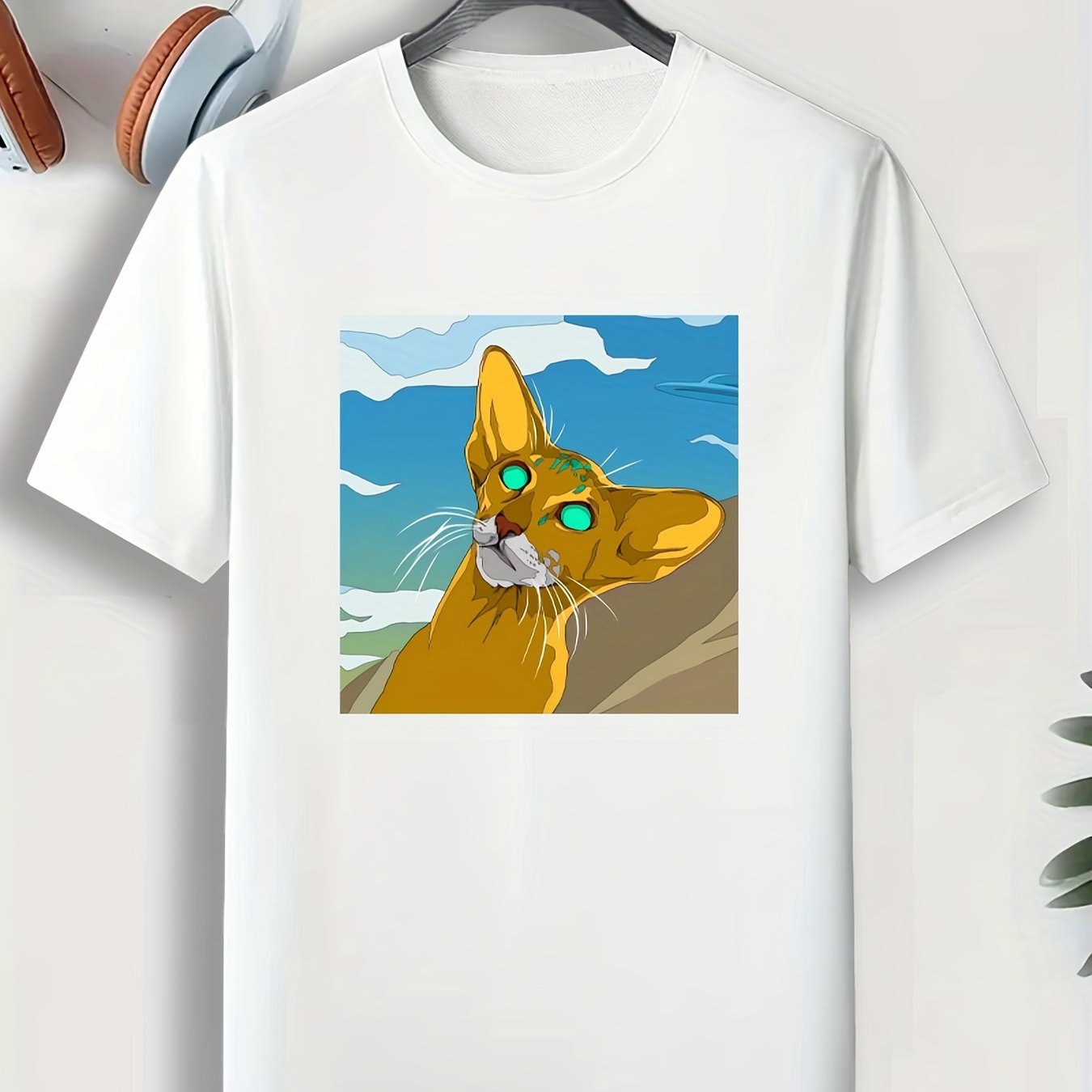 Men's Cartoon Cat Print Comfy T-shirt for Outdoor Gift
