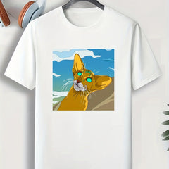 Men's Cartoon Cat Print Comfy T-shirt for Outdoor Gift