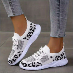 Leopard Print Knitted Walking Shoes Lace Up Lightweight Flat Shoes