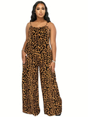 Leopard Spaghetti Print Wide Leg Jumpsuit Women's Clothing
