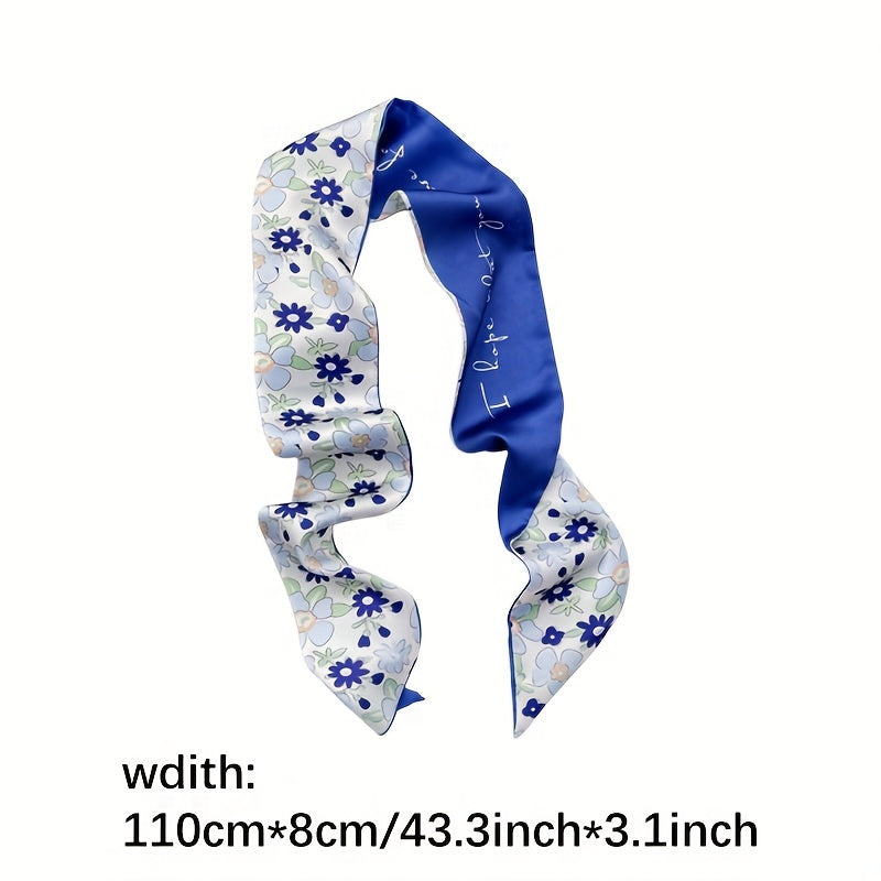 Floral Print Skinny Scarf Satin Neckerchief Long Ribbon Twilly Scarf