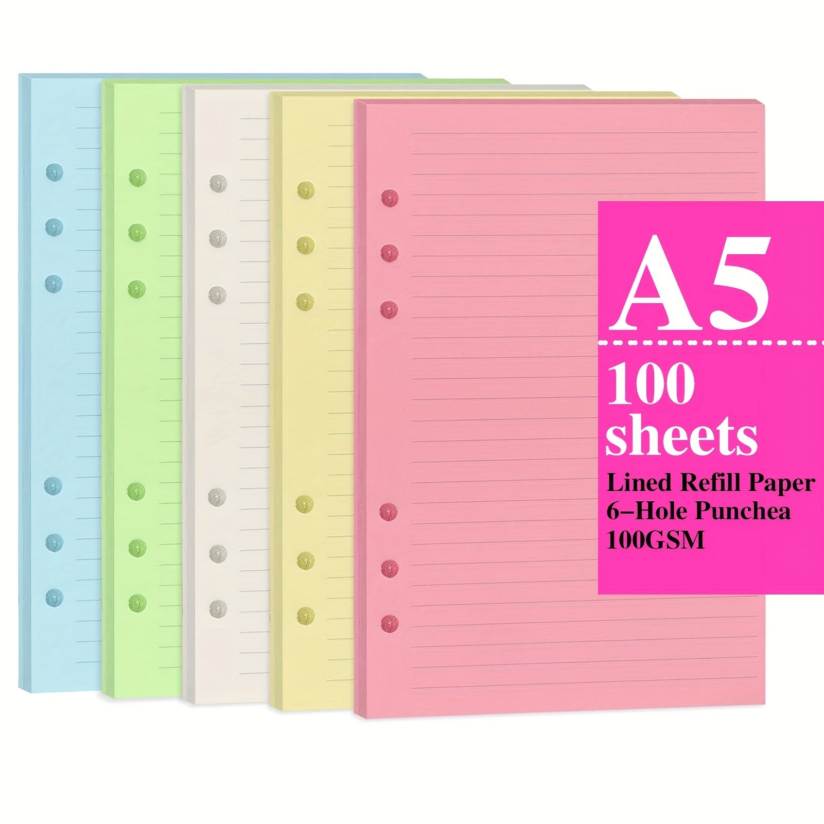 100 Sheets A5 Colorful Refill Paper 6 Hole Filler Inserts