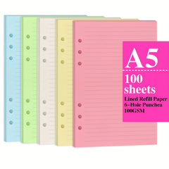 100 Sheets A5 Colorful Refill Paper 6 Hole Filler Inserts