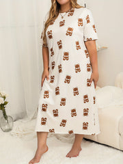 Bear Print Nightdress Short Sleeve Round Neck Plain Sleep Dress