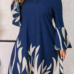 Women's Floral Print Bell Sleeve V Neck Casual Dress