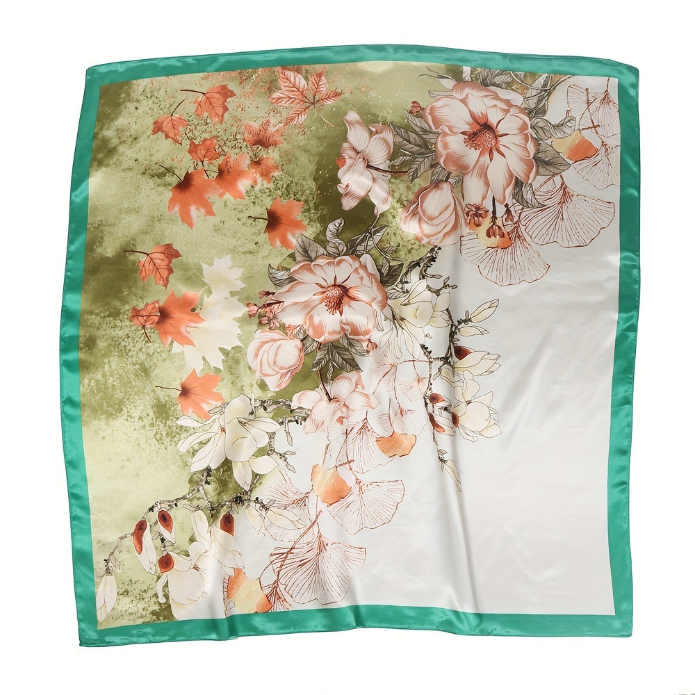 Classic Flower Print Satin Bandana Shawl Silk Square Scarf