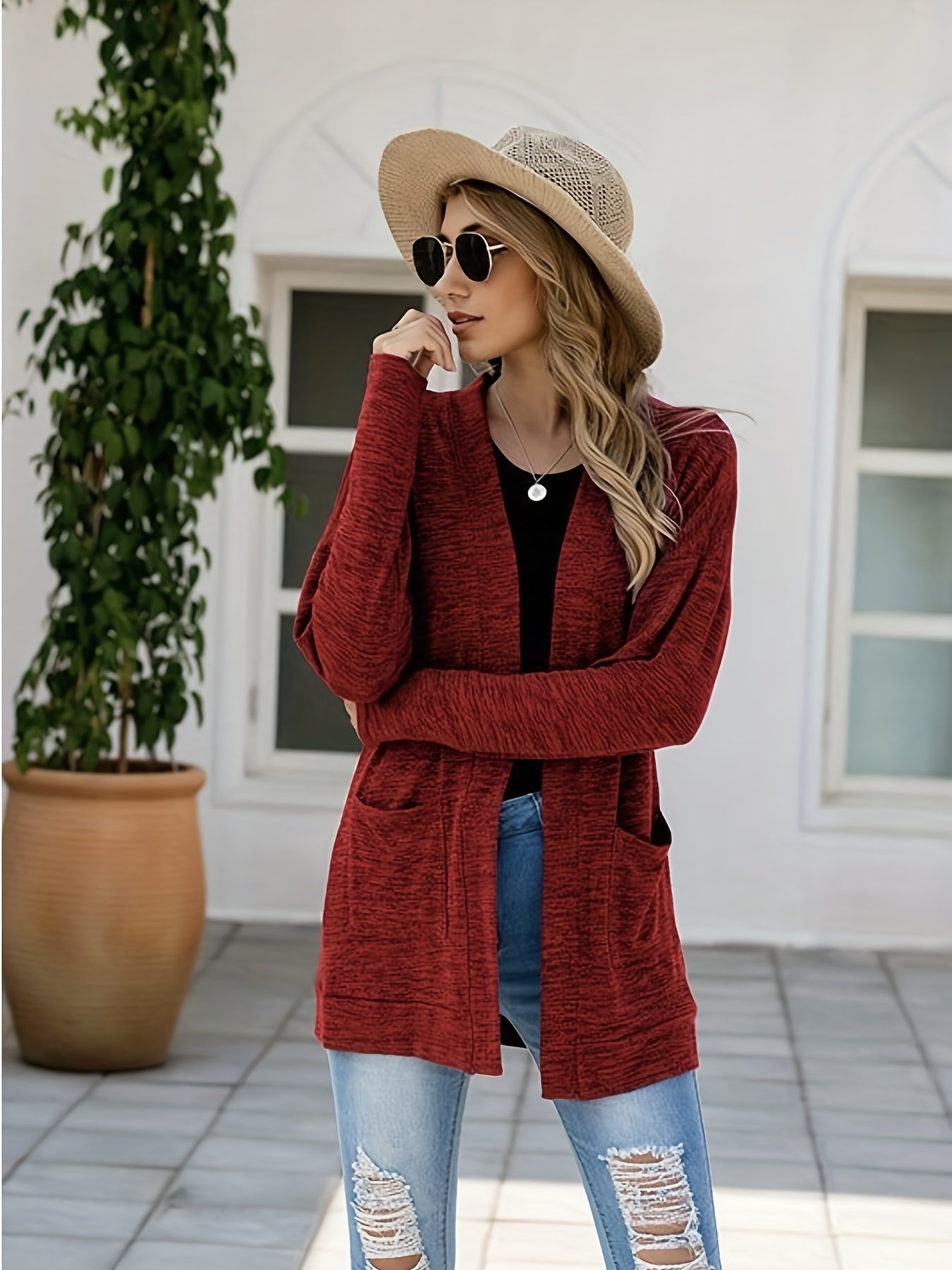 Solid Drop Shoulder Cardigan with Pockets for Women