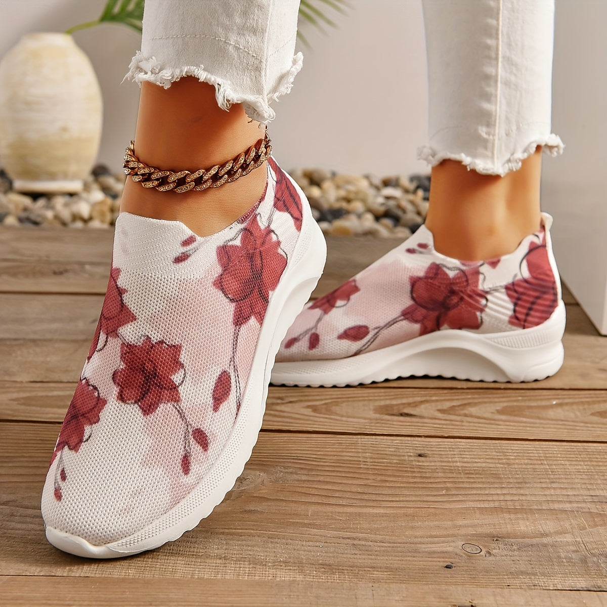 Women's Flower Pattern Slip on Sneakers - Sweet Style Walking Shoes