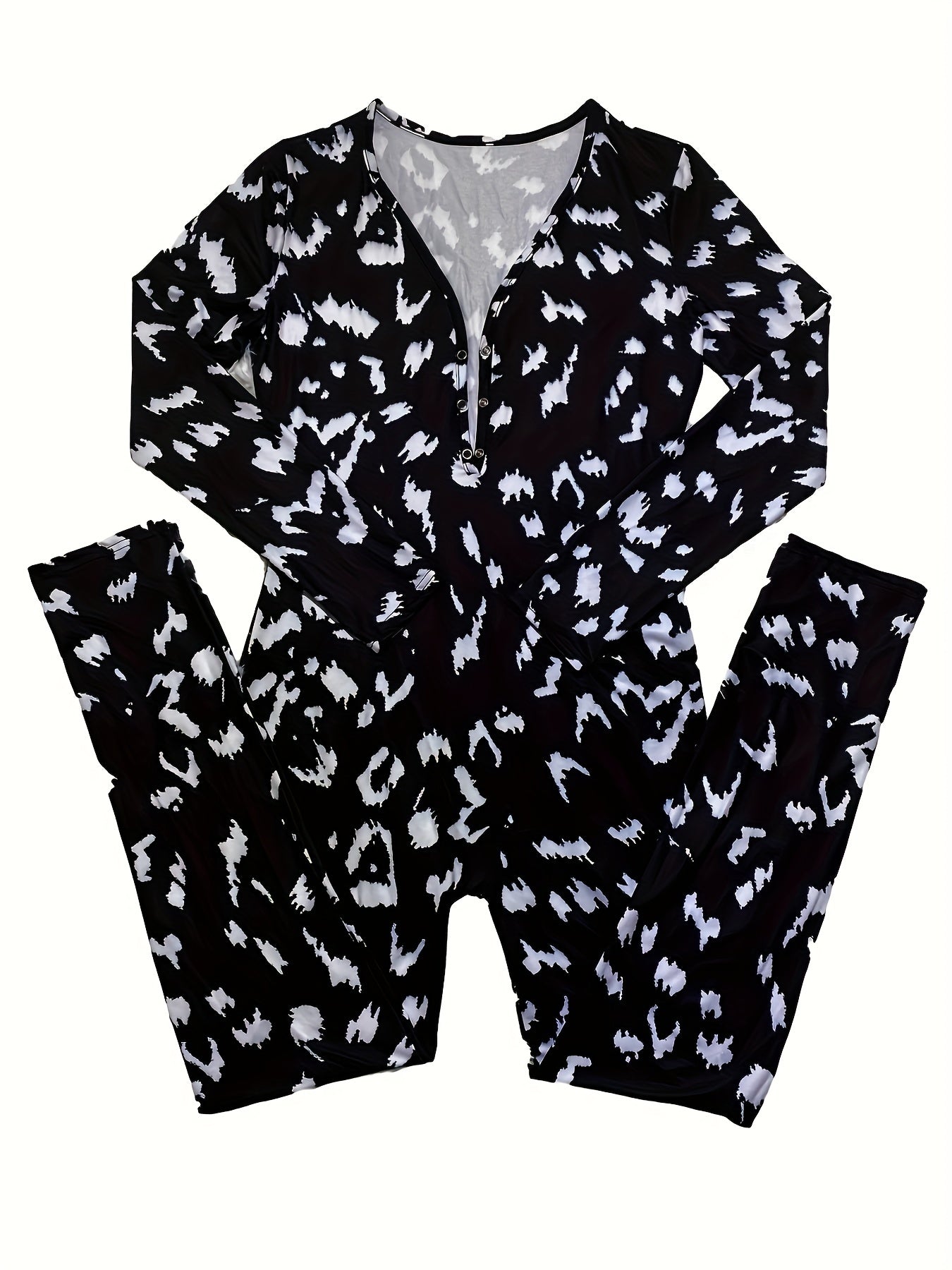 Graffiti Print Lounge Jumpsuit Long Sleeve V Neck Buttons Jumpsuit