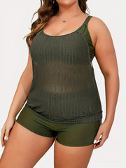 Modest Tankini Set Women's Solid Round Neck Cami Top & Shorts Swimsuit