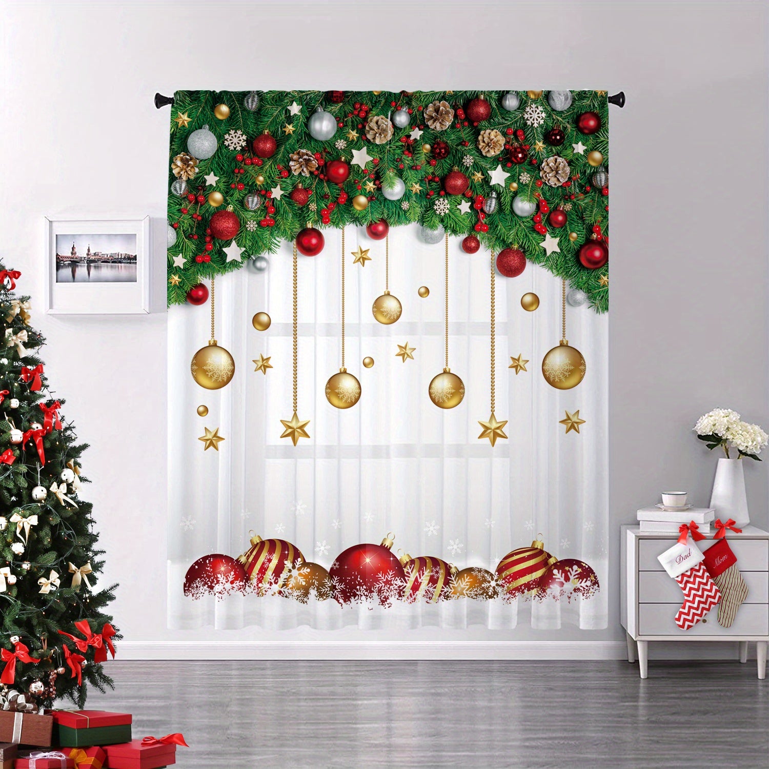 Golden Christmas Ball Printed Kitchen Curtain
