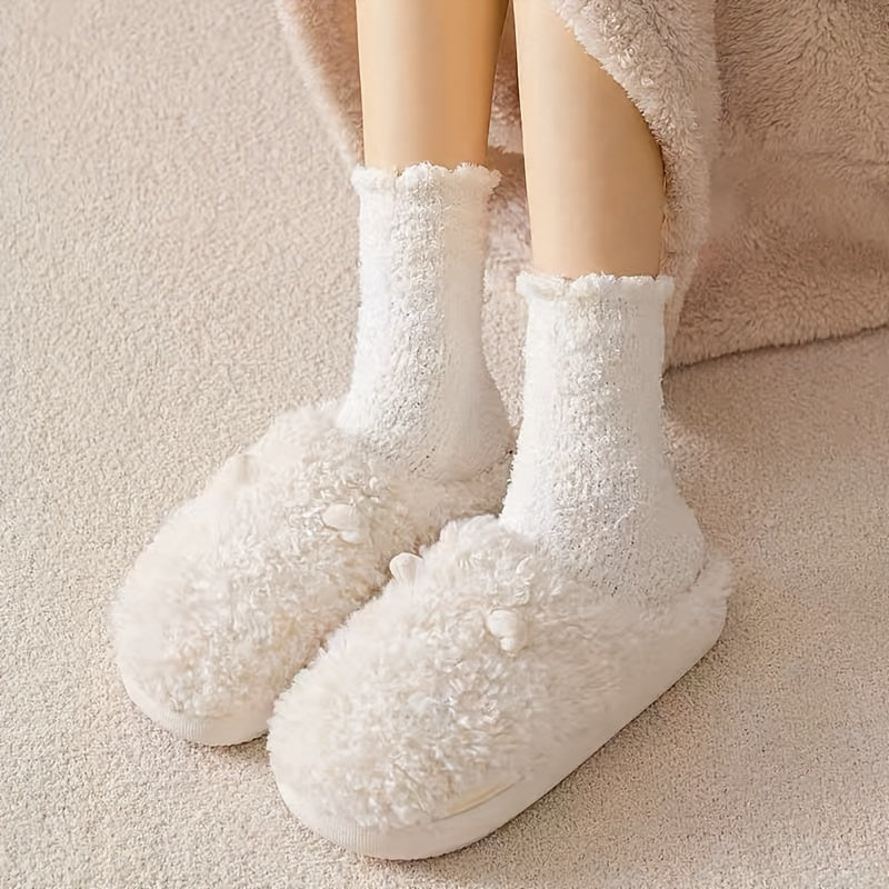 3 Pairs Solid Fuzzy Socks Comfy & Warm Mid Tube Socks Women's Stockings