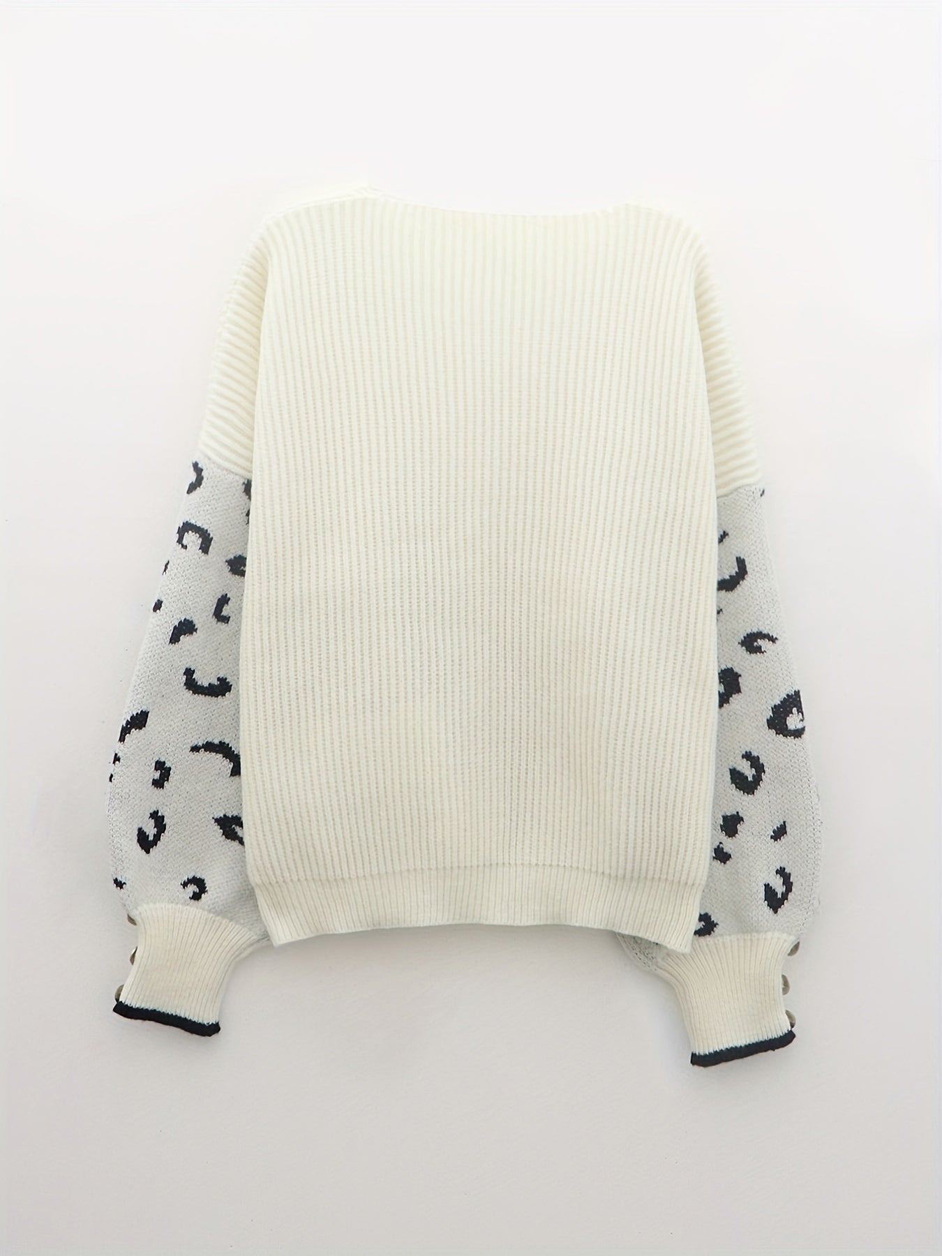 Colorblock Leopard Print Button Decor Lantern Sleeve V Neck Jumper