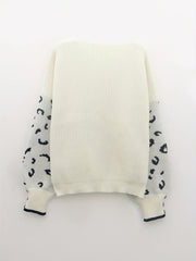 Colorblock Leopard Print Button Decor Lantern Sleeve V Neck Jumper