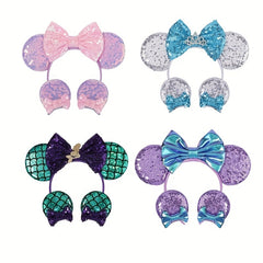 4pcs Mouse Ear Shaped Headband Hair Clips Set for Holiday Party Girls