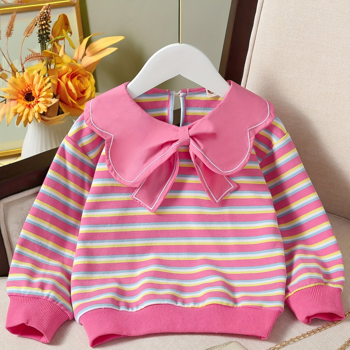 Girls' Striped Graphic Sweatshirt with Sweet Collar