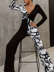Block V Neck Jumpsuit Long Sleeve Sexy