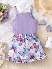 Girl's Ribbed Cami Top and Butterfly Print Shorts Set