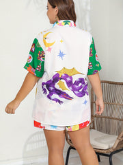 Allover Print Shirt & Shorts Outfits Set