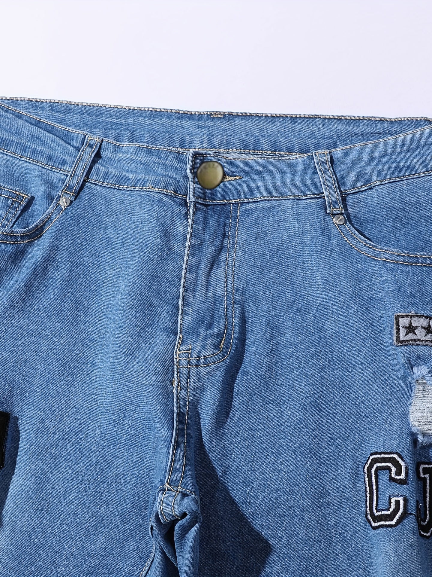 Embroidered Ripped Jeans Men's Slim Fit Distressed Denim Pants