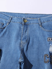 Embroidered Ripped Jeans Men's Slim Fit Distressed Denim Pants