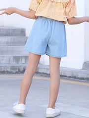 Girls Bow Denim Shorts Elastic Waist Comfortable Thin Short Pants