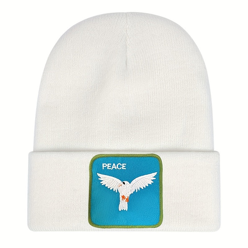 Peace Bird Embroidery Patch Beanie Solid Knit Hat Lightweight Skull Cap