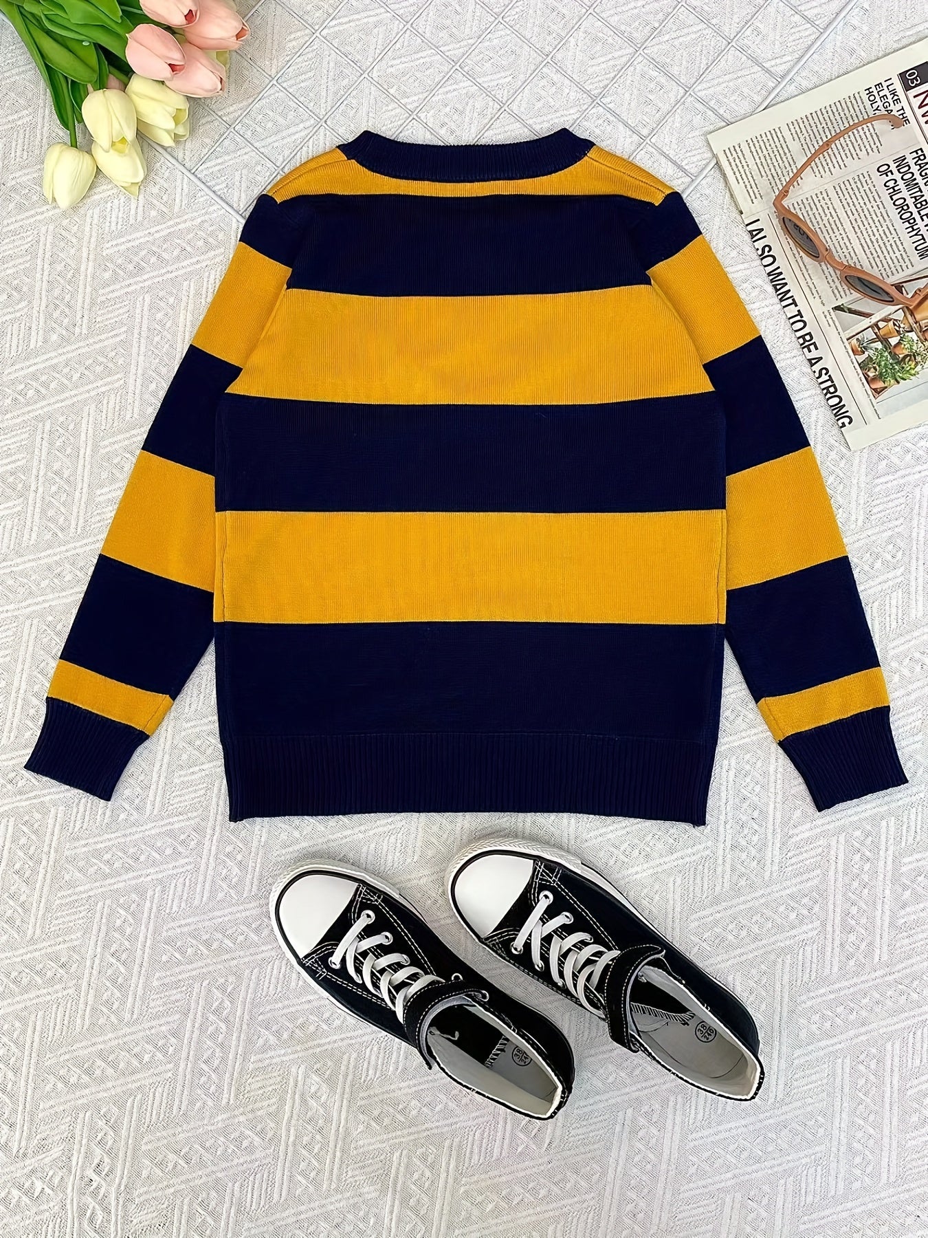 Boys Casual Striped Sweater Round Neck Long Sleeve Warm Knit Pullover Top