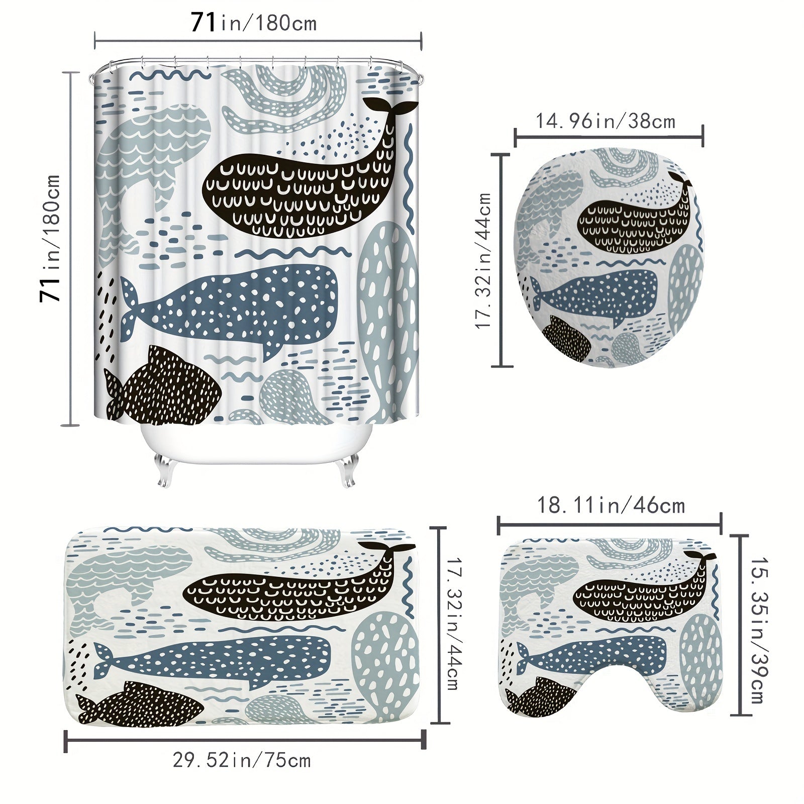 Whale Shower Curtain Set Fun Ocean Cartoon Bathroom Curtain Polyester Curtain