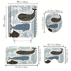 Whale Shower Curtain Set Fun Ocean Cartoon Bathroom Curtain Polyester Curtain