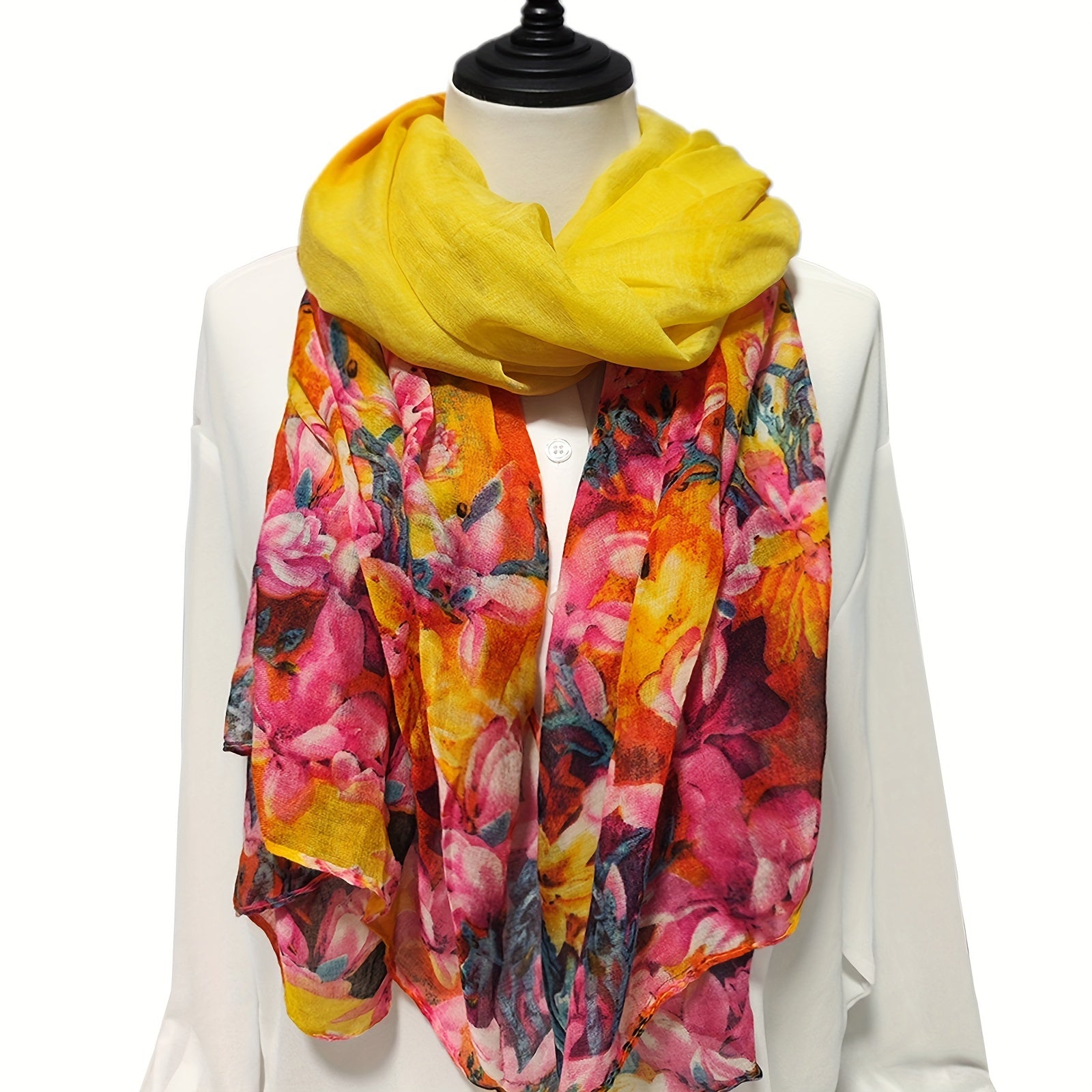 Vintage Yellow Flower Print Scarf Gradient Warm Shawl Women Windproof