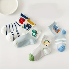 5 Pairs Boys Dino Pattern Crew Socks Breathable Mesh Kids Spring Socks