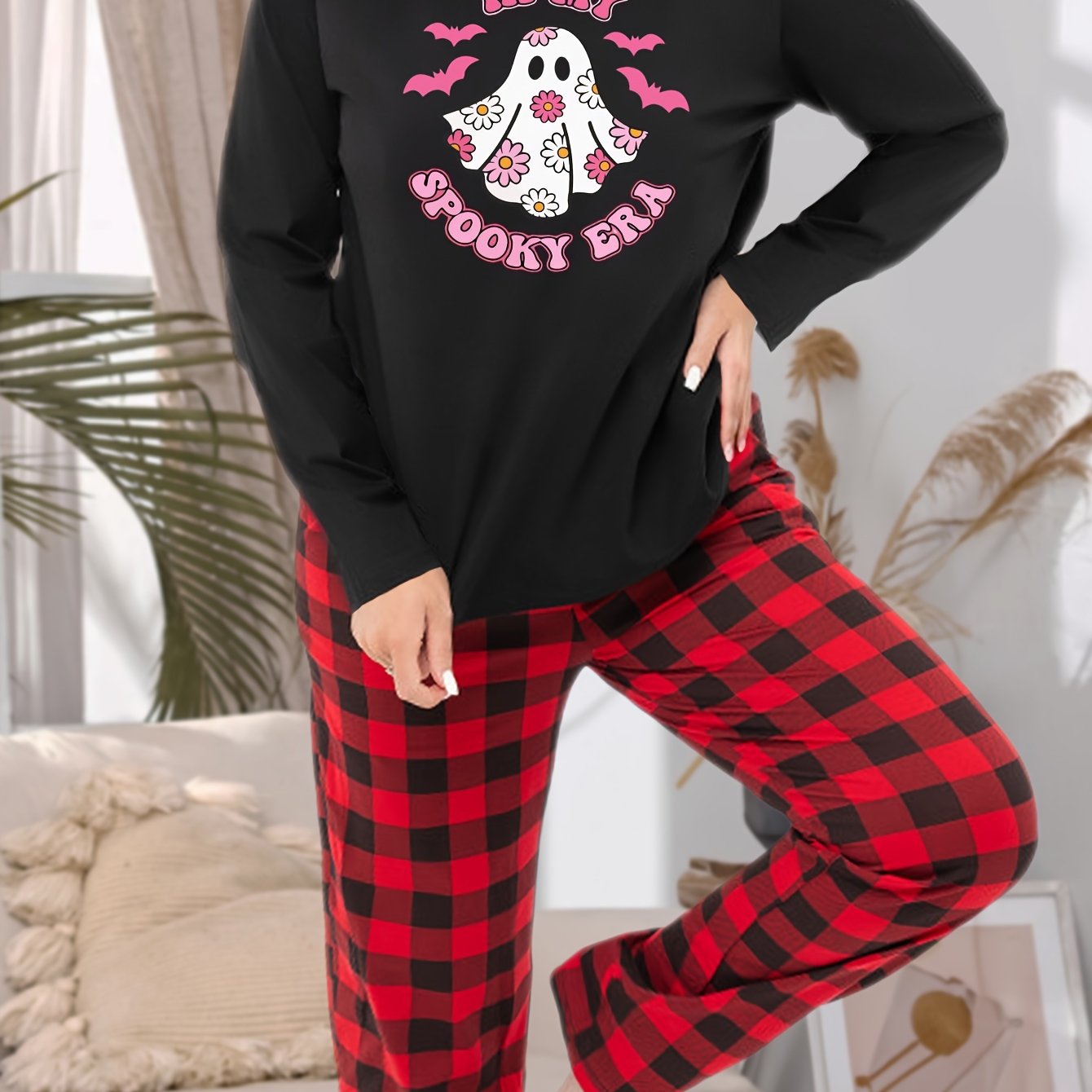 Halloween Pajama Set Women's Floral Ghost & Bat Print Long Sleeve Tee