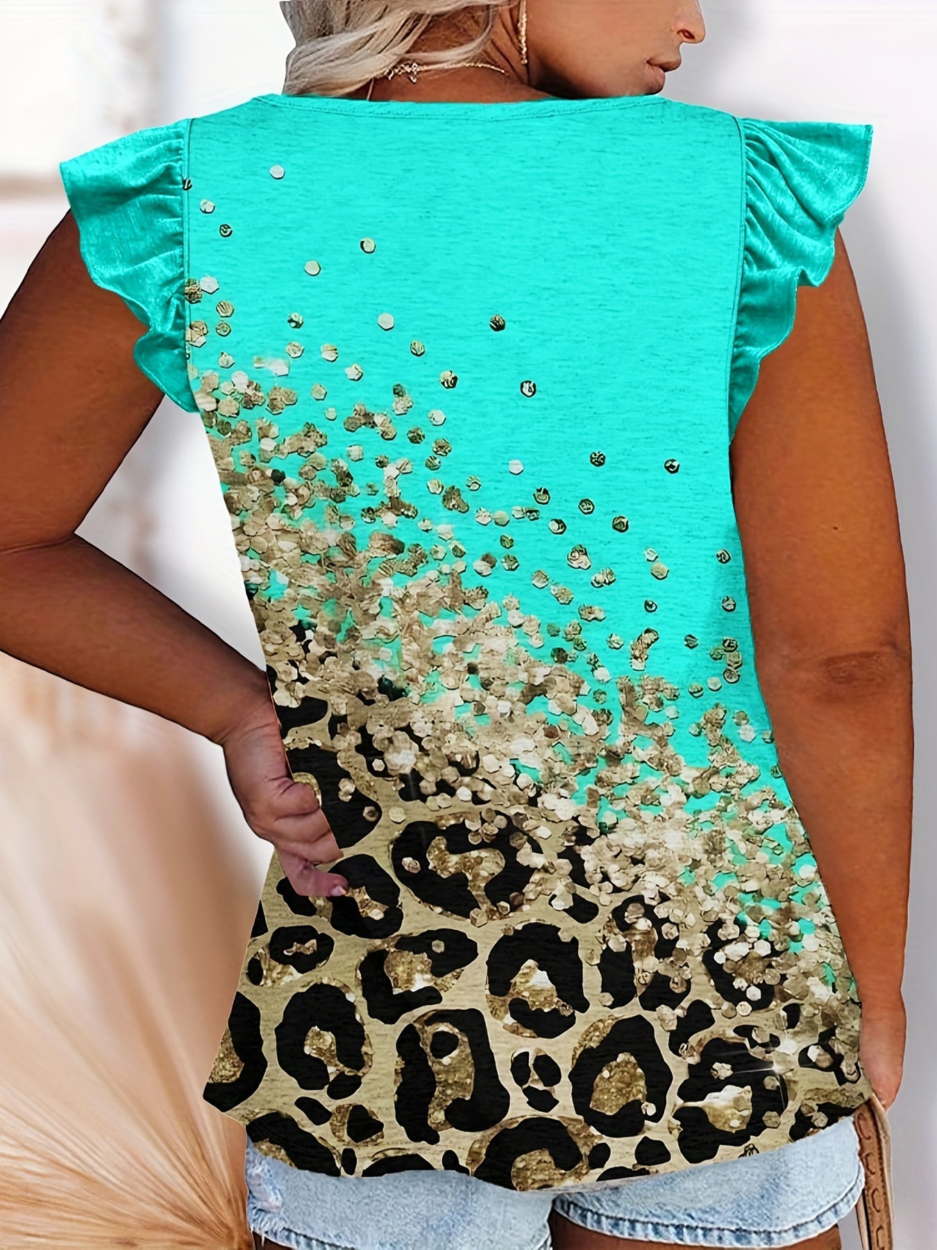Colorblock Leopard Print Ruffle Sleeve Tank Top