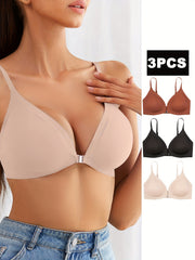 3pcs Seamless Wireless Front Buckle Push Up Bra Women's Lingerie
