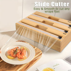 3-in-1 Bamboo Plastic Wrap Dispenser with Cutter, Foil & Plastic Wrap Organizer