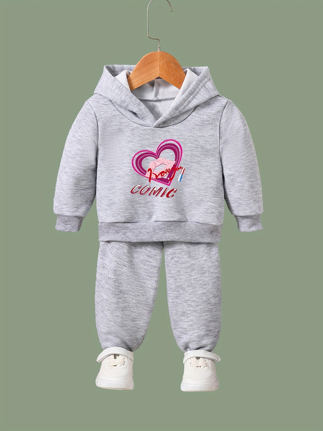 OERYUI Kids Heart Print Hooded Pullover Pants Set for Sports Spring Fall