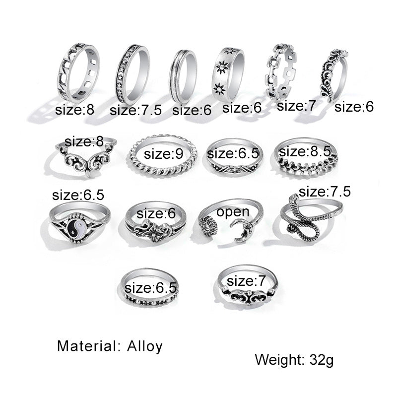16pcs Hollow Vintage Geometric Snake Ring Set for Halloween