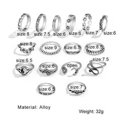 16pcs Hollow Vintage Geometric Snake Ring Set for Halloween