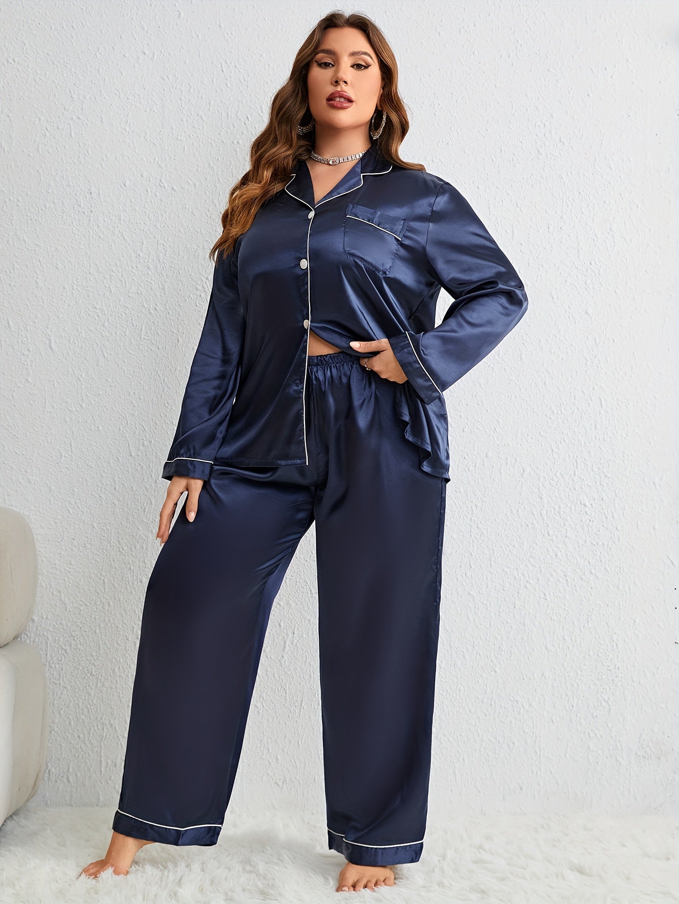 Satin Pajama Set Women's Shirt & Pants 2 Piece Lounge