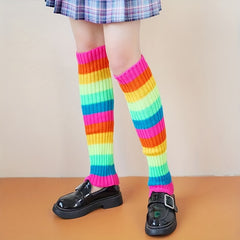 Rainbow Striped Leg Warmers Colorblock Knitted Socks