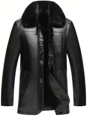 Men's Fleece PU Leather Jacket Button Up Fur Collar Warm Winter Coat