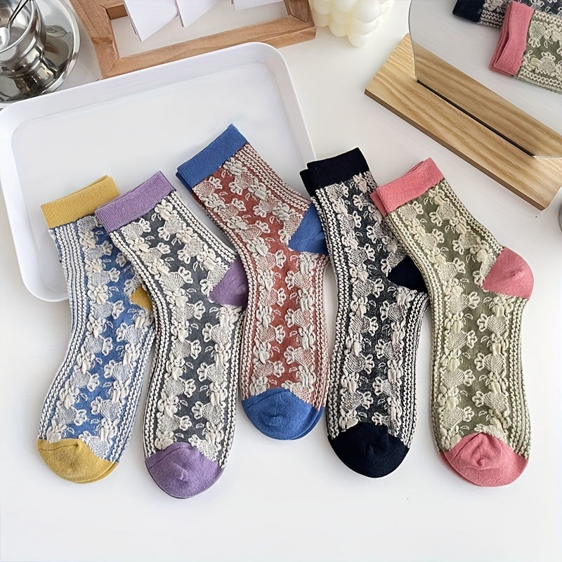 5 Pairs Retro Style Floral Print Colorblock Crew Socks Women's Stockings