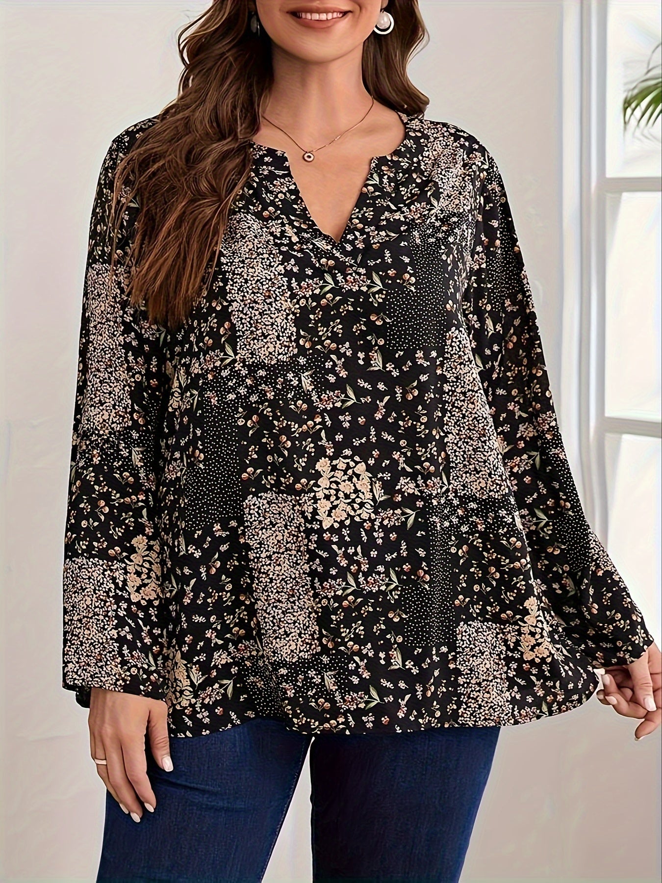 Boho Blouse Women's Plus Patchwork Print Long Sleeve Shirt Top
