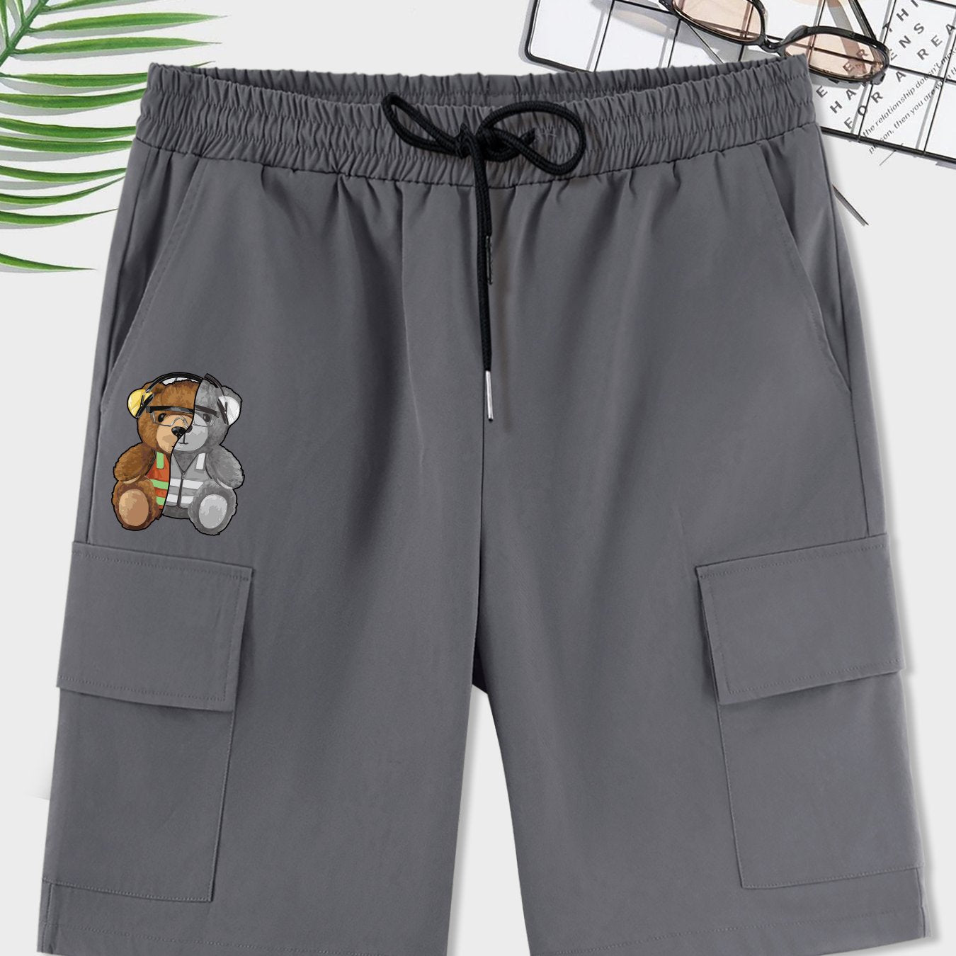 Bear Pattern Cargo Shorts Men's Casual Pocket Waist Drawstring Cargo Shorts