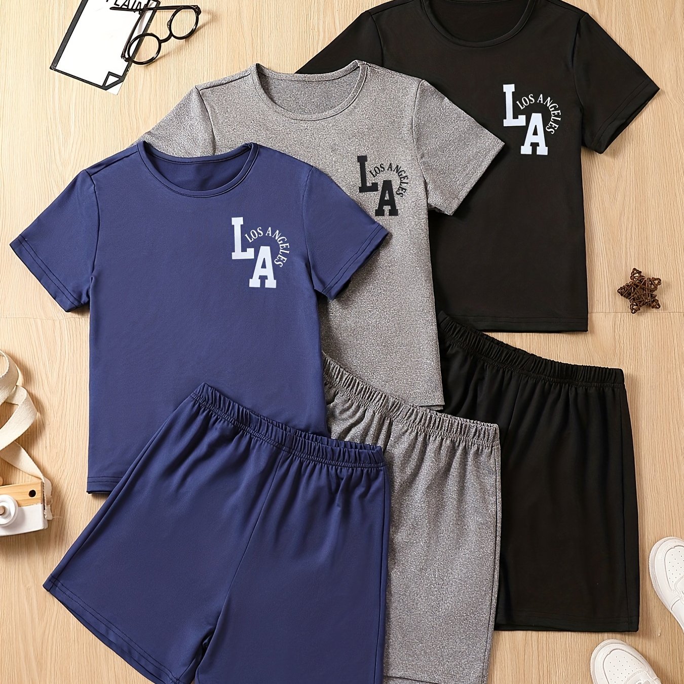 3pcs Boys LOS ANGELES Graphic Print T shirt&Shorts Set