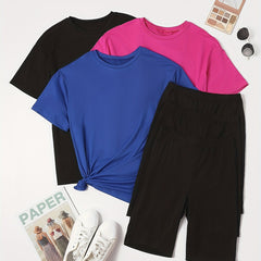 6 Pack Plus Size Basic Pajama Set Women's Plus Solid Tee & Shorts Loungewear