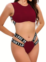 Hot Letter Print Lingerie Set Hollow Out Bra & Panties