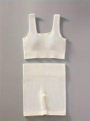 Women's Ribbed U Neck Sports Bra & Shorts Set for Yoga & Fitness