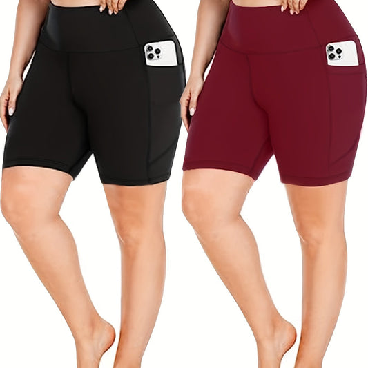 2 Pack Plus Size High Rise Yoga Shorts Set With Phone Pockets